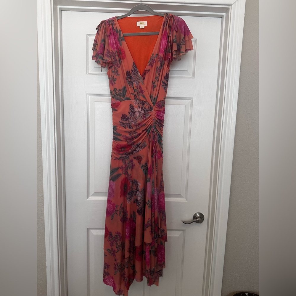 Anthropologie Asymmetrical Floral Dress in Orange and Pink